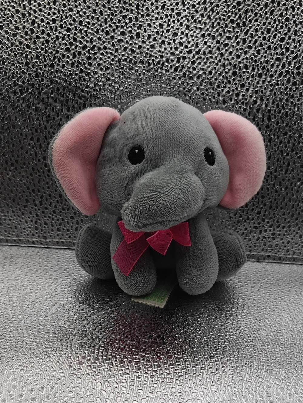 Gray Plush Elephant with Pink Ears and Bow